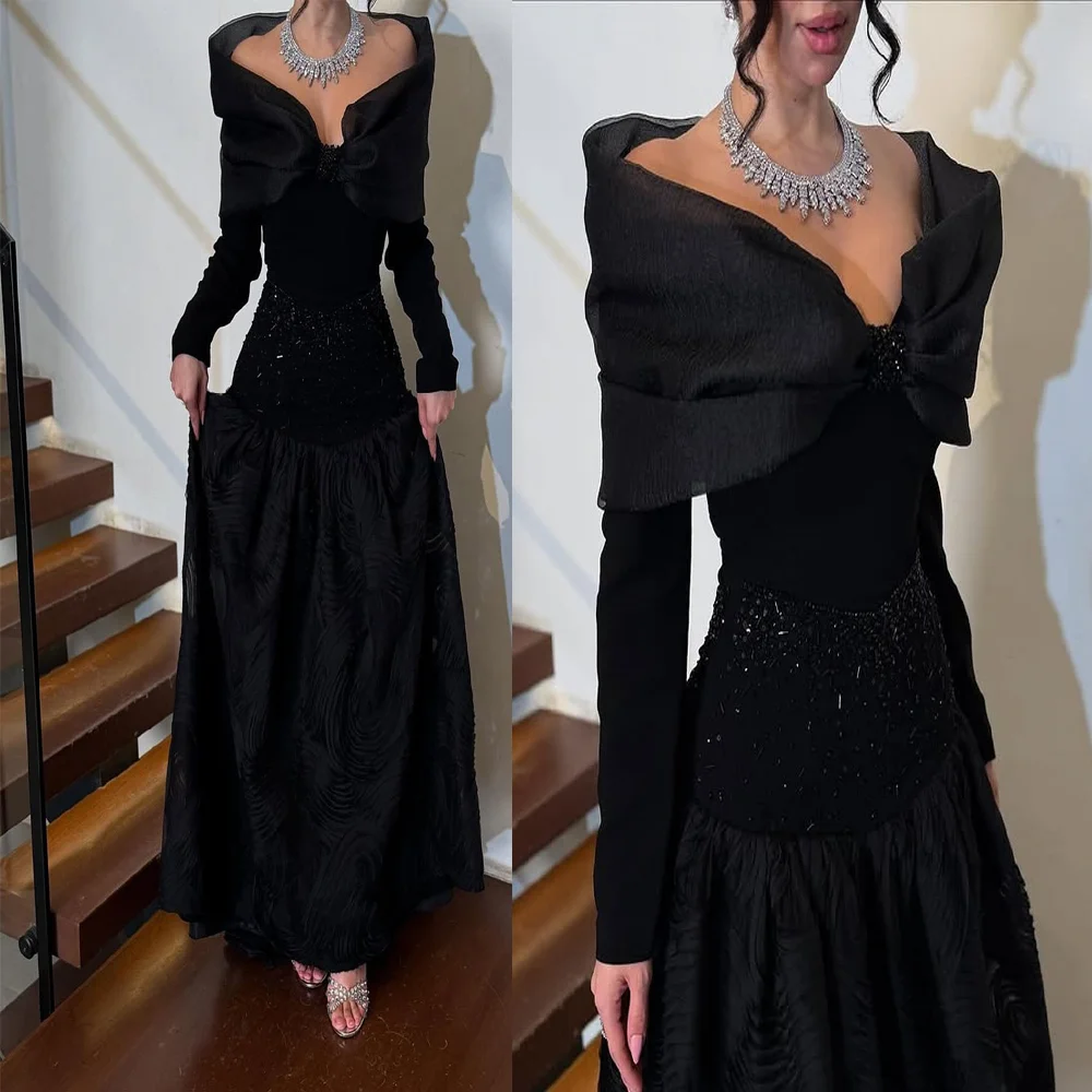 

Marvelous Off Shoulder Satin Long Sleeve Evening Gown Beaded A-line Backless Figure Prom Dress LLong Saudi Gown Custom Made