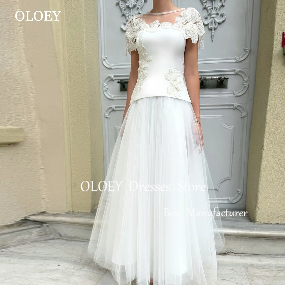 

OLOEY Modest Ivory A Line Wedding Dress Beads Flowers Bridal Gown With Cape Satin Tulle Floor Length Customized Formal Gown