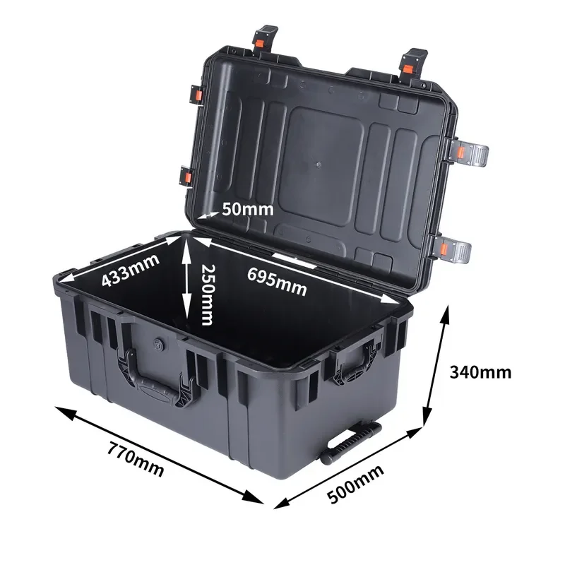 Large-capacity plastic trolley case, black wheeled fire equipment storage emergency box, safety protective equipment box