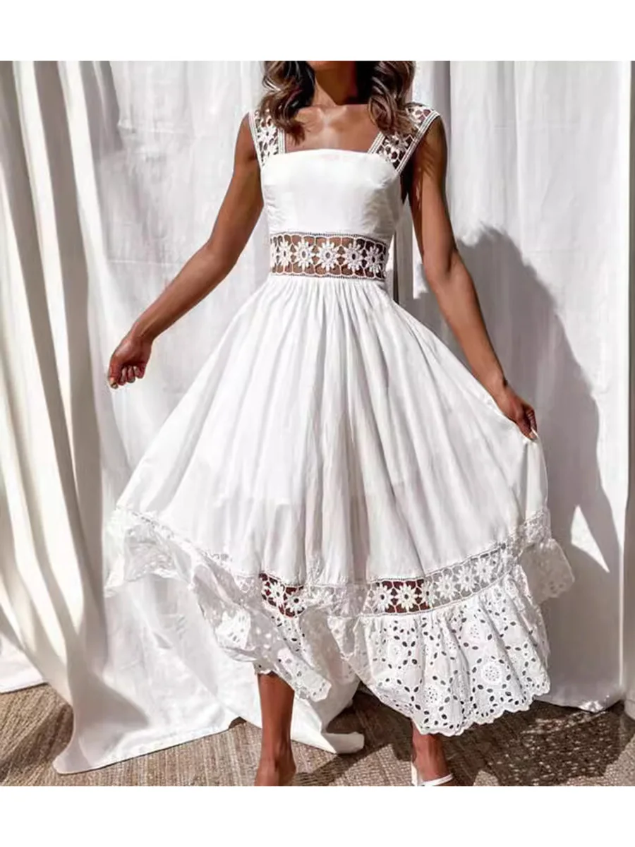 Women's Long Maxi Dress Elegant Sleeveless Solid Color Slip White Lace Frock Sexy Hollow Out One Piece Skirt Summer Beach Wear