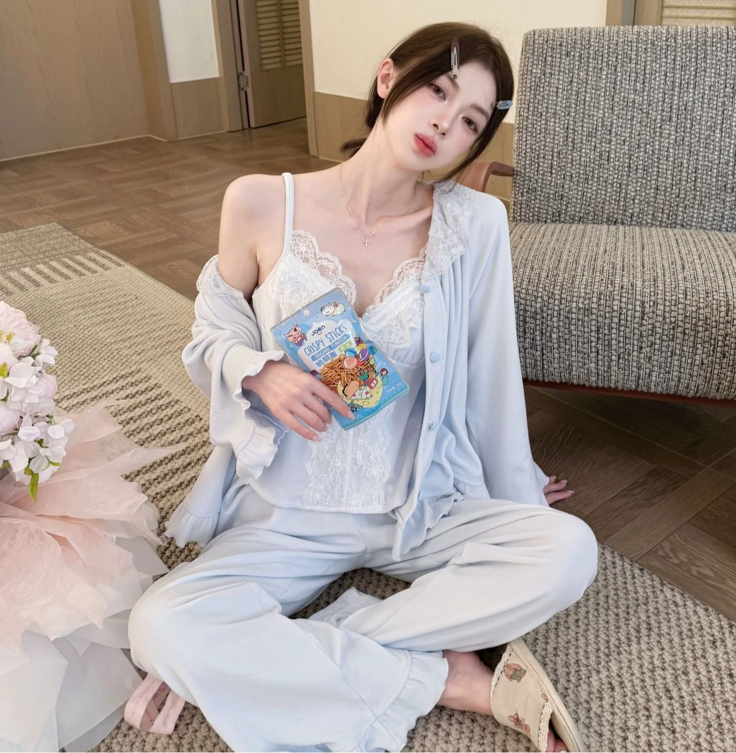 Soft Island Velvet Pure Desire French Wind Autumn Skin friendly Glutinous Design  Home Clothes Sweet Double sided Warm Sleepwear