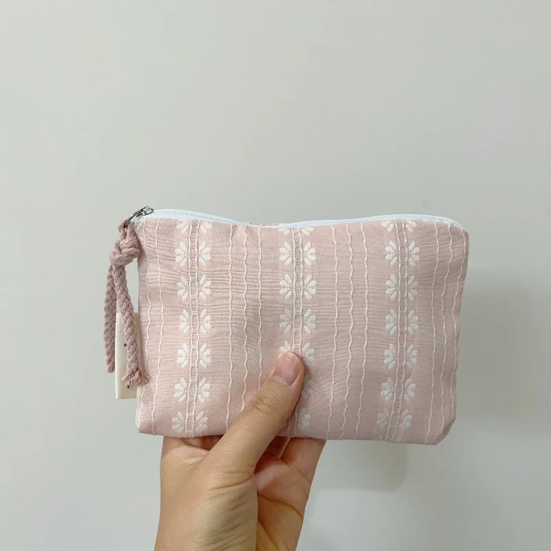 Rosa Gestreifte Damen-Kosmetiktasche Niedliche Geldbörse Mini-Kosmetiktaschen Tragbare Schlüssel-Kopfhörer-Lippenstift-Aufbewahrungstasche Münzbörse