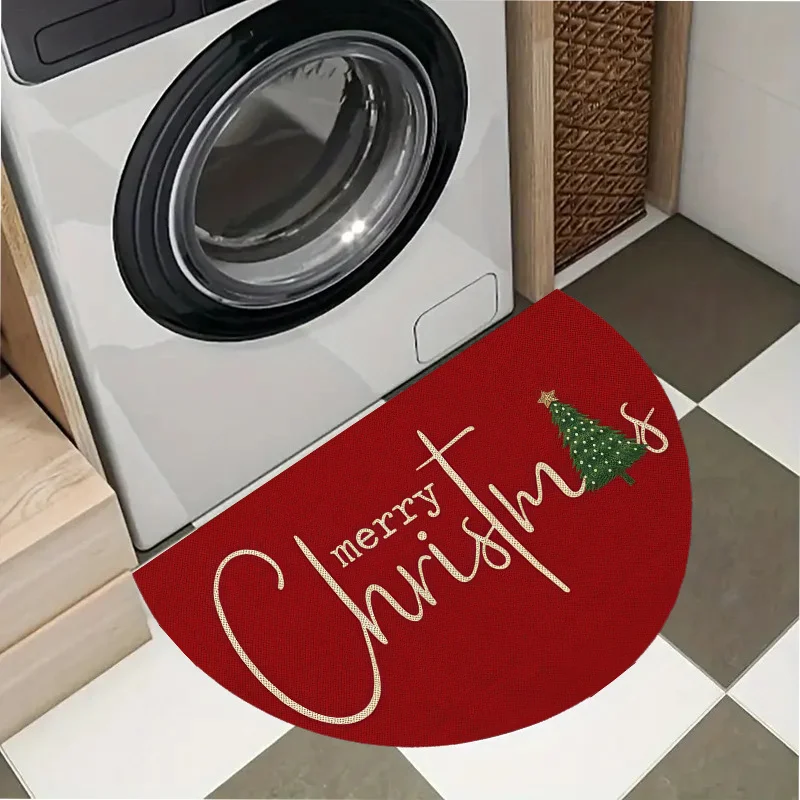 Red Background Gold Merry Christmas Script Small Tree Semi Circle Doormat For Modern Porch Minimalist Holiday Entryway Mat