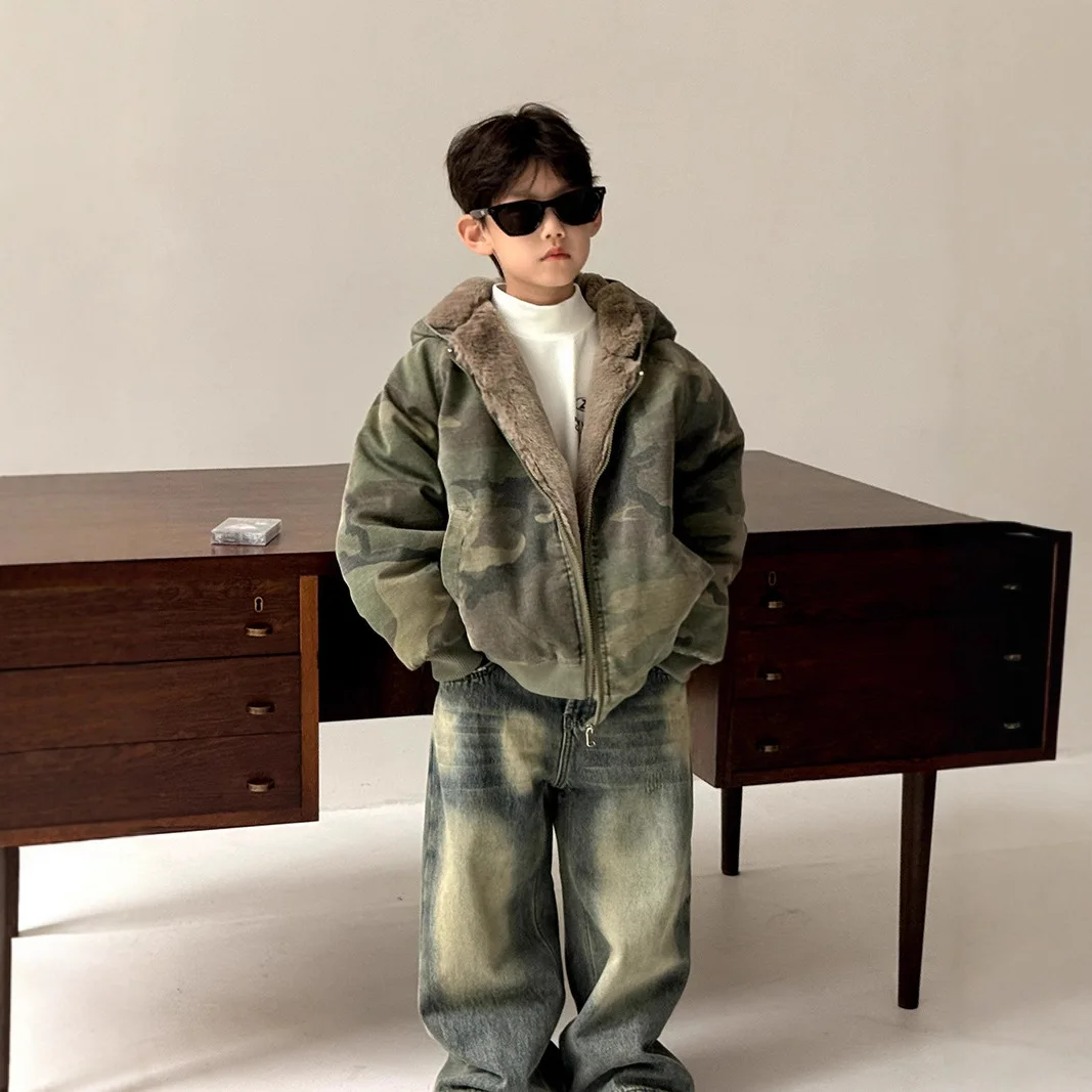

Camouflage Jacket Fleece-lined Thickened Cotton-padded Coat Boys Children Winter Warm Hoodie Fashionable Cool Comfortable