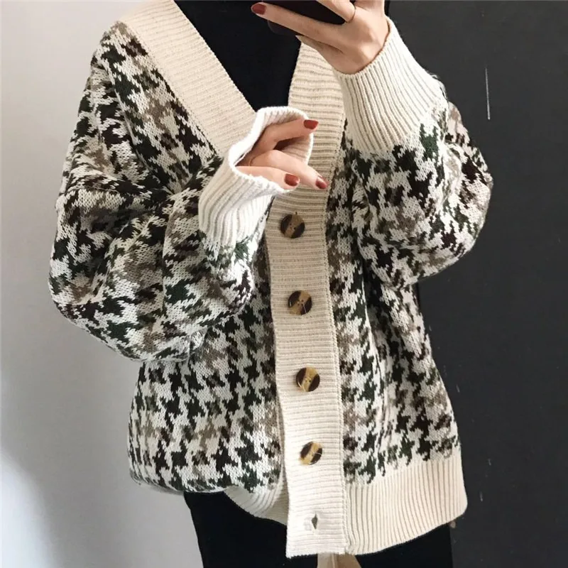 

Autumn Winter Fashion Houndstooth Cardigan Sweater Women Knitted Coats Female Long Sleeve Casual Knit Jacket Cardigans Knitwear