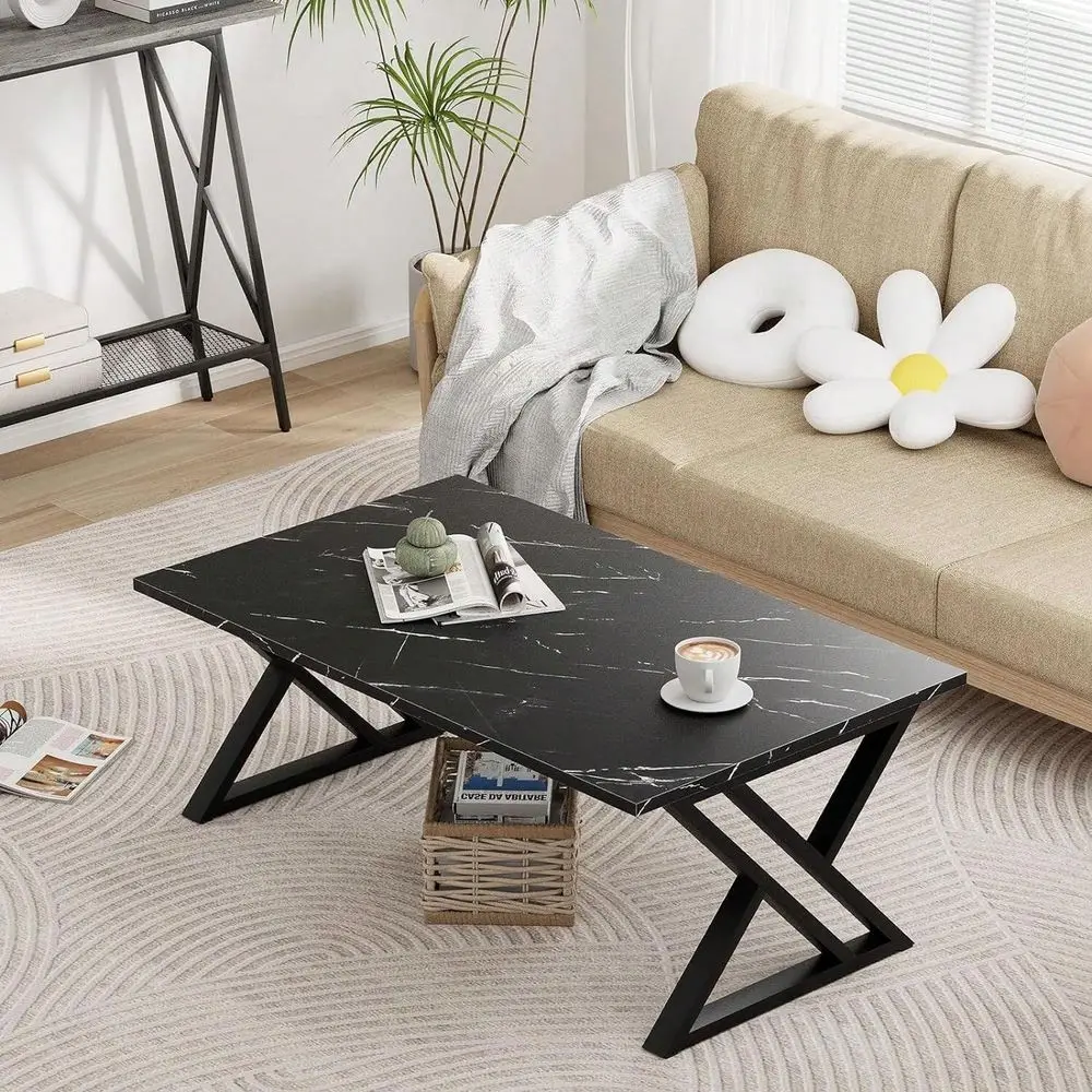 

Table Living Room Table Black Center Table Modern Faux Marble Rectangular Tea Table With Sturdy BlackFinished Metal Frame,Indus