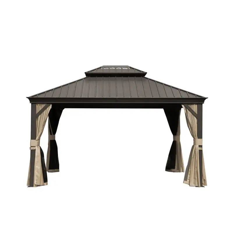 

Aluminum Hardtop Grill Gazebo with Galvanized Steel Double Canopy for Patios and Decks, Includes Curtains and Netting for
