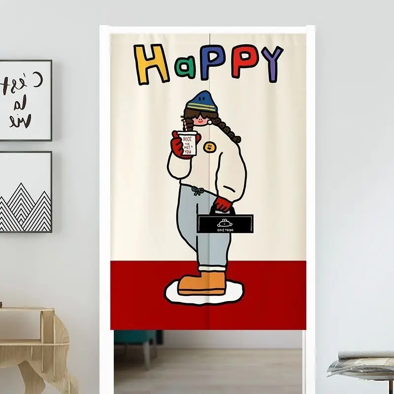 Happy Girl Cartoon Door Curtain HAPPY Fabric Door Curtain No Punching Entrance Bedroom Privacy Partition Curtain