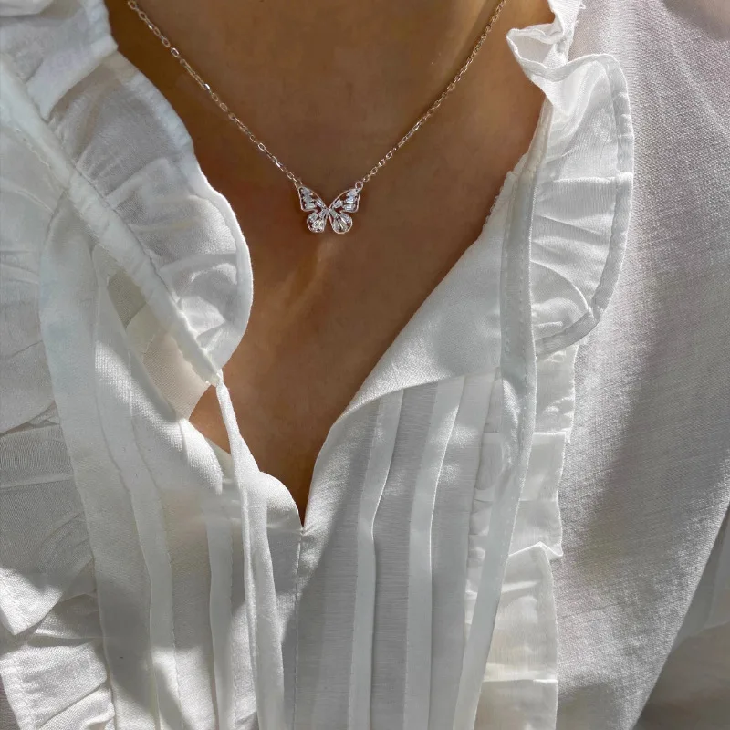 

PANJBJ 925 Sterling Silver Butterfly Zircon Necklace for Women Girl Exquisite Hollow Fashion Jewelry Birthday Gift Dropshipping