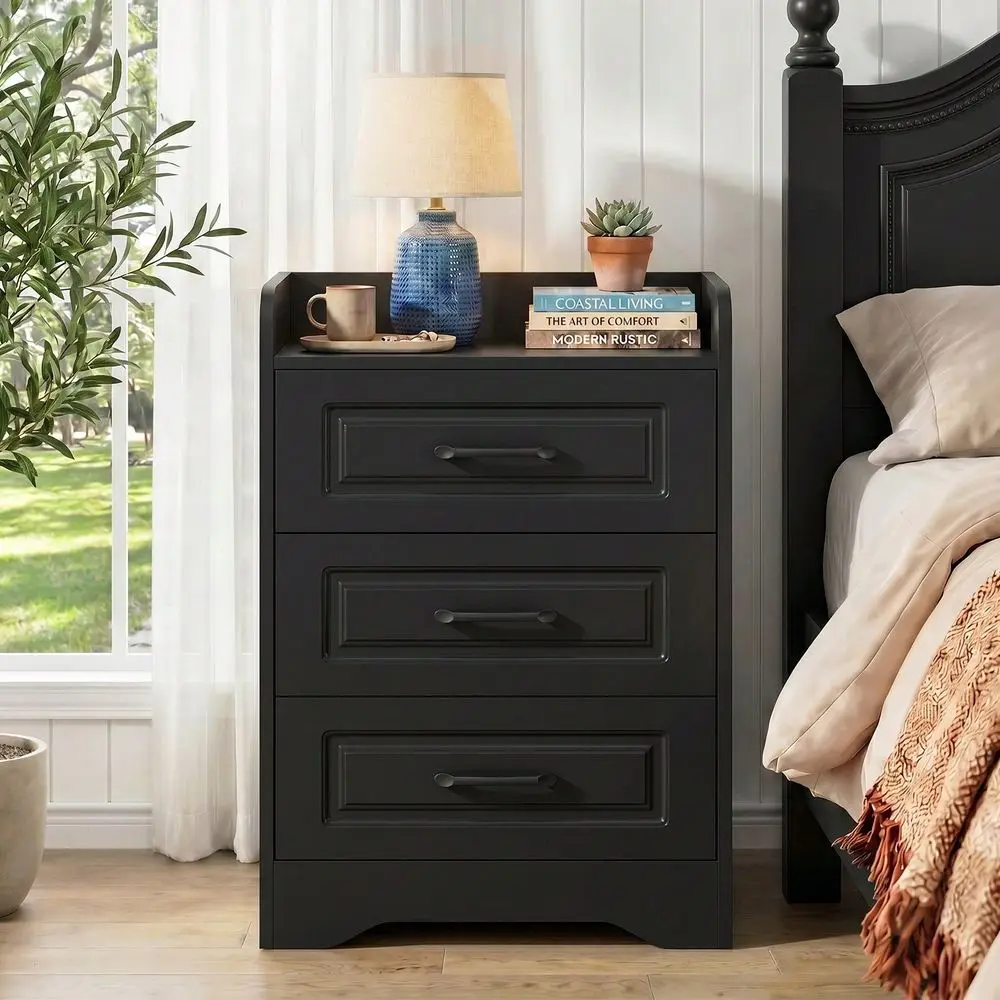 Nightstand, Night Stand With 3 Drawers, Wood End Table For Small Spaces, Bedside Storage Table For Bedroom, Black