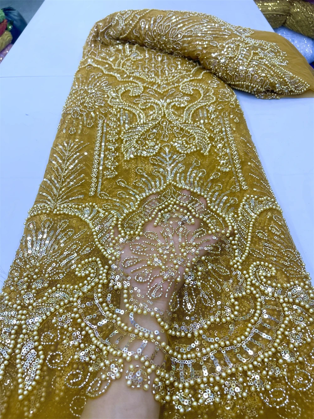 Gold 2024 High Quality Beaded Lace Nigeria Sequin Fabrics Tulle Net African Lace Fabric 5 Yard for Wedding Evening Dress jy363