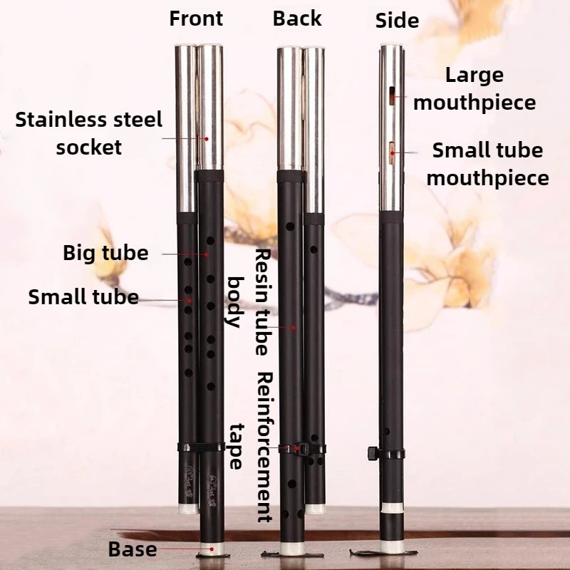 Double Tube Bawu Chinese Traditional Transverse Blowing Bawu Adult Beginners Performance Flute Resin Wind Musical Instruments