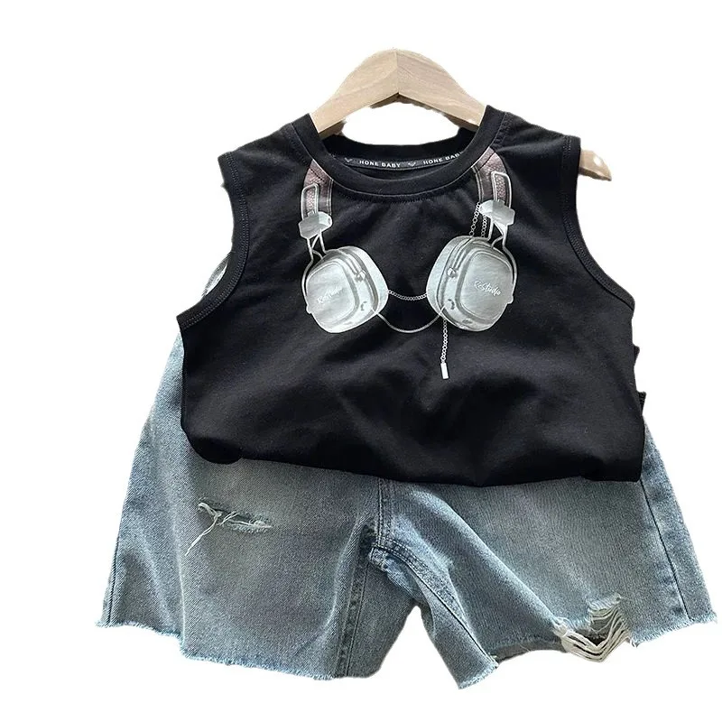 Boy\'s Cartoon Headphones Printed Sleeveless T-shirt Cotton Baby\'s Casual Korean Version Cool Handsome Little Street Vest