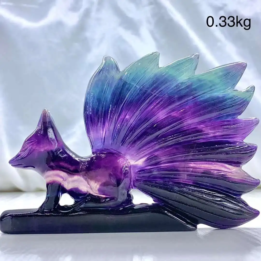 

12cm Large Size Blue Purple Fluorite Natural Crystals Carved Nine-Tailed Fox Reiki Animal Statue Stone Product 2024 New Arrival