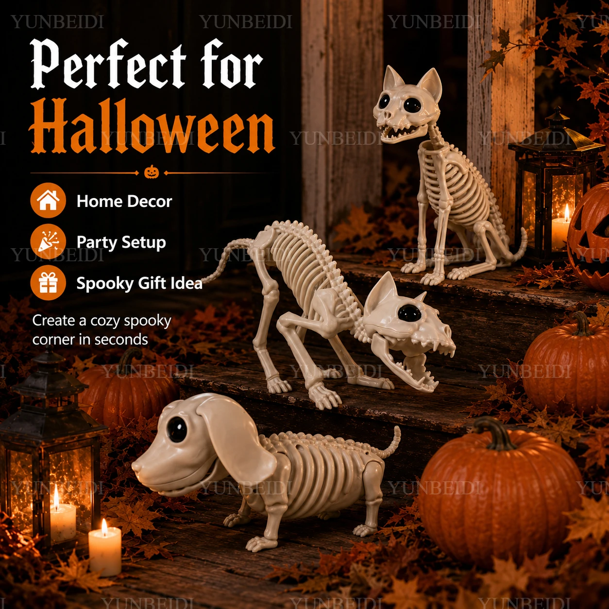 Image of Halloween-Tierskelett-Modelle: Katzen- und Hundeskelett-Ornamente, Halloween-Horrordekorationen, Geisterhaus-Dekorationsrequisiten