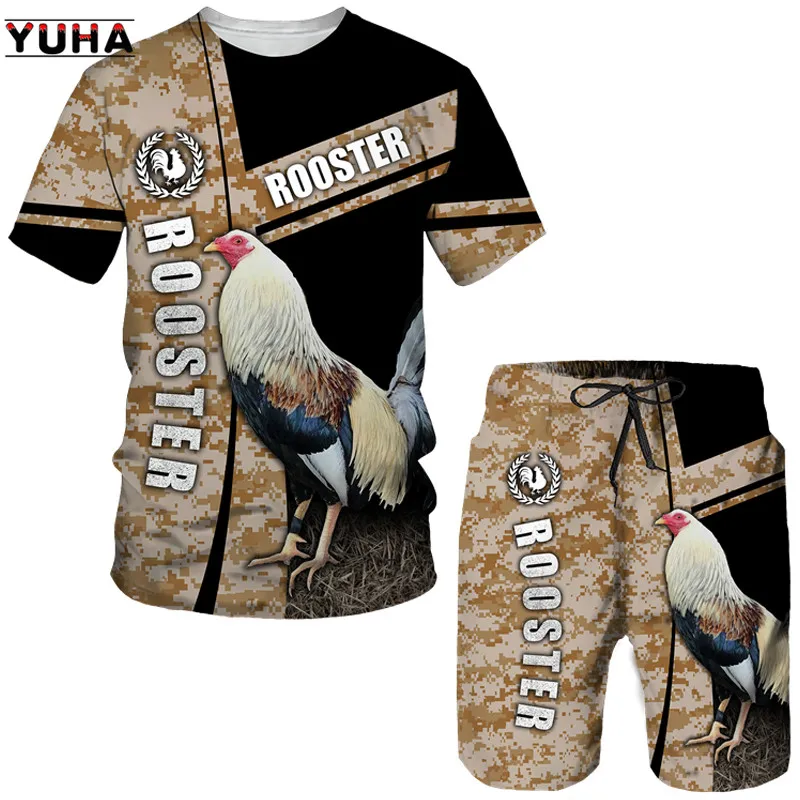 YUHA,3D พิมพ์ไก่ไก่สัตว์เสื้อฤดูร้อนชายชุด Funny Rooster การล่าสัตว์ Camo เสื้อยืด + ชุดกางเกงขาสั้นผู้ชาย 'S