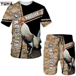 YUHA,3D Printed Chicken Cock Animal Tops Summer Male Casual Tracksuit Set Funny Rooster Hunting Camo T-shirt + Shorts Suit Men's