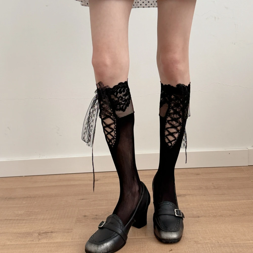 Vintage Court Style Lace Trim Tie Leg Socks Sweet Y2K Lace Cross Spliced Thigh High Socks JK Lolita Dress Y2K Hot Girl Socks