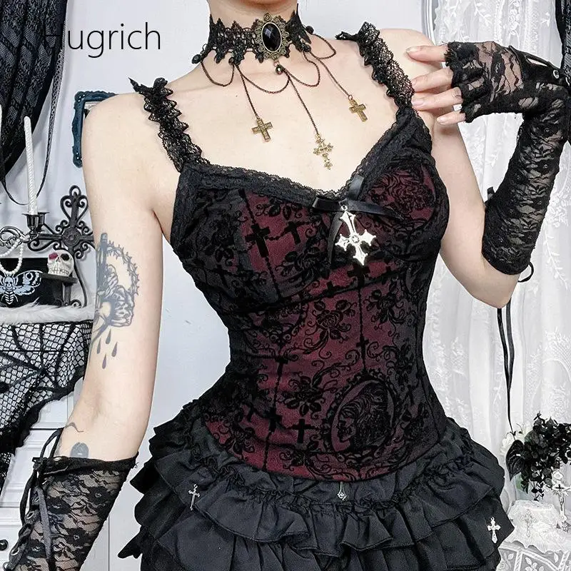 Victorian Gothic Cross Print Flocked Lace Corset Cami Spaghetti Strap Ruffle Edge Cross Pendant Bow Detail Slim Waist Black Red