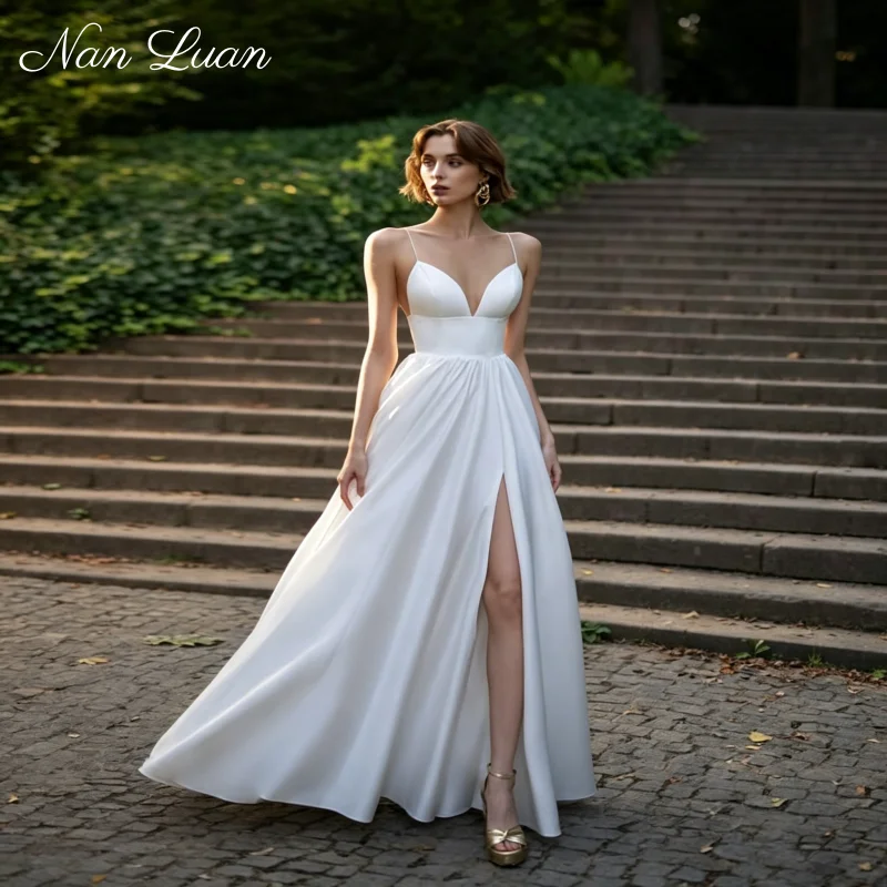 26 Styles Spaghetti Strap Deep V Neck Satin A Line Wedding Dress High Slit Vestidos de Novia Customized