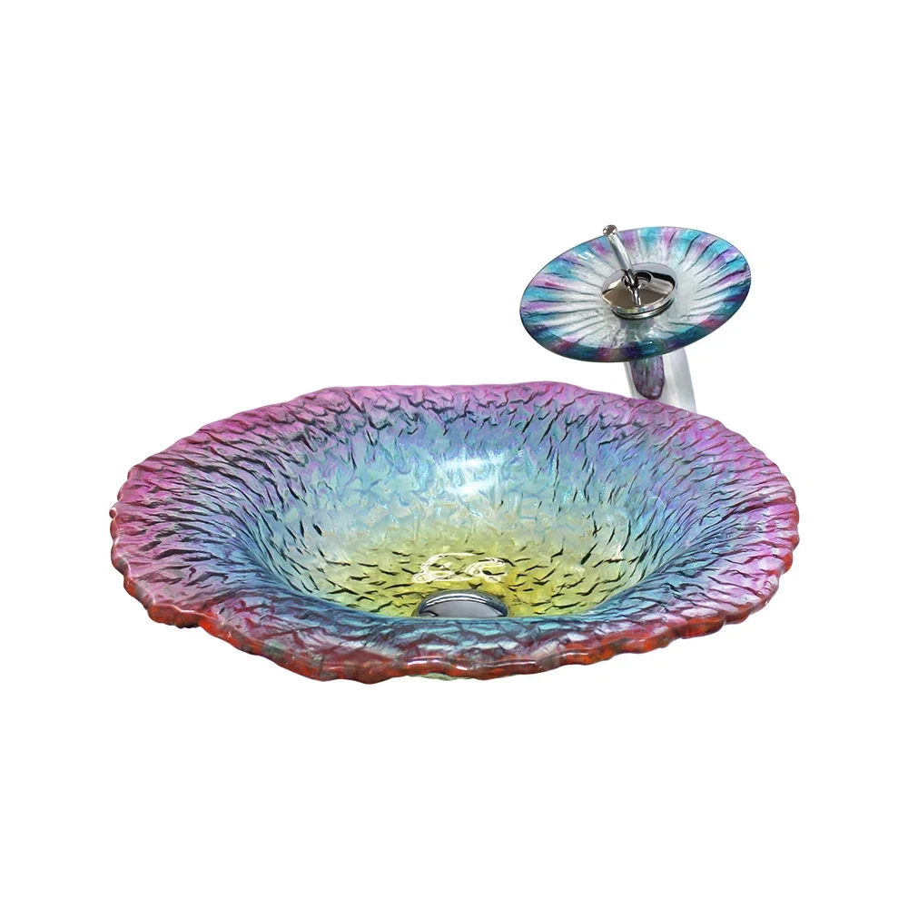 Transparent  Rainbow Color Tempered Glass Washbasin Artistic Basin flower Shaped Table Top Glass bathroom sinks glass sink bowls