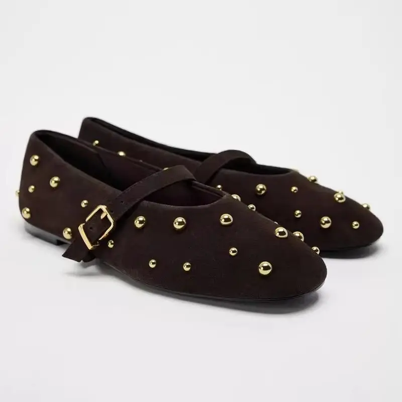 

Gold Rivets Ballet Flats Sandals Women Suede Belt Metal Buckle Strap Low Heel Pumps Comfort Dress Party Mary Jane Designer Shoes