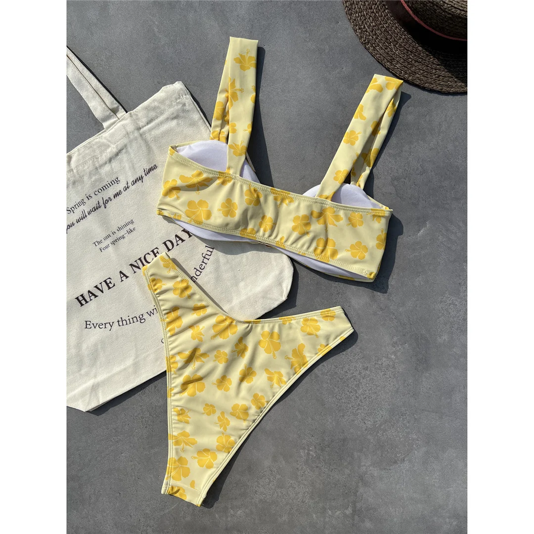 Bedruckter, metallisch glänzender, floraler, hoch geschnittener Bikini, Damen-Badeanzug, zweiteiliges Bikini-Set, Damen-Badebekleidung, Badeanzug, Badebekleidung, Schwimmbekleidung V6427 – Detail 4
