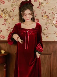 Women Spring Velvet Night Dress Ruffles Long Robe Peignoir Victorian Pyjamas Gown Vintage Romantic Nightgown Homewear