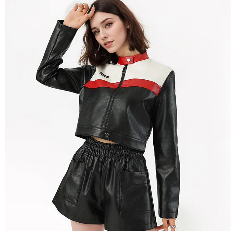 

Fashion Faux Pu Leather Motorcycle Jackets for Women 2025 Zipper Button Long Sleeve Short Jacket Woman Mix Color Out Wear Mujer