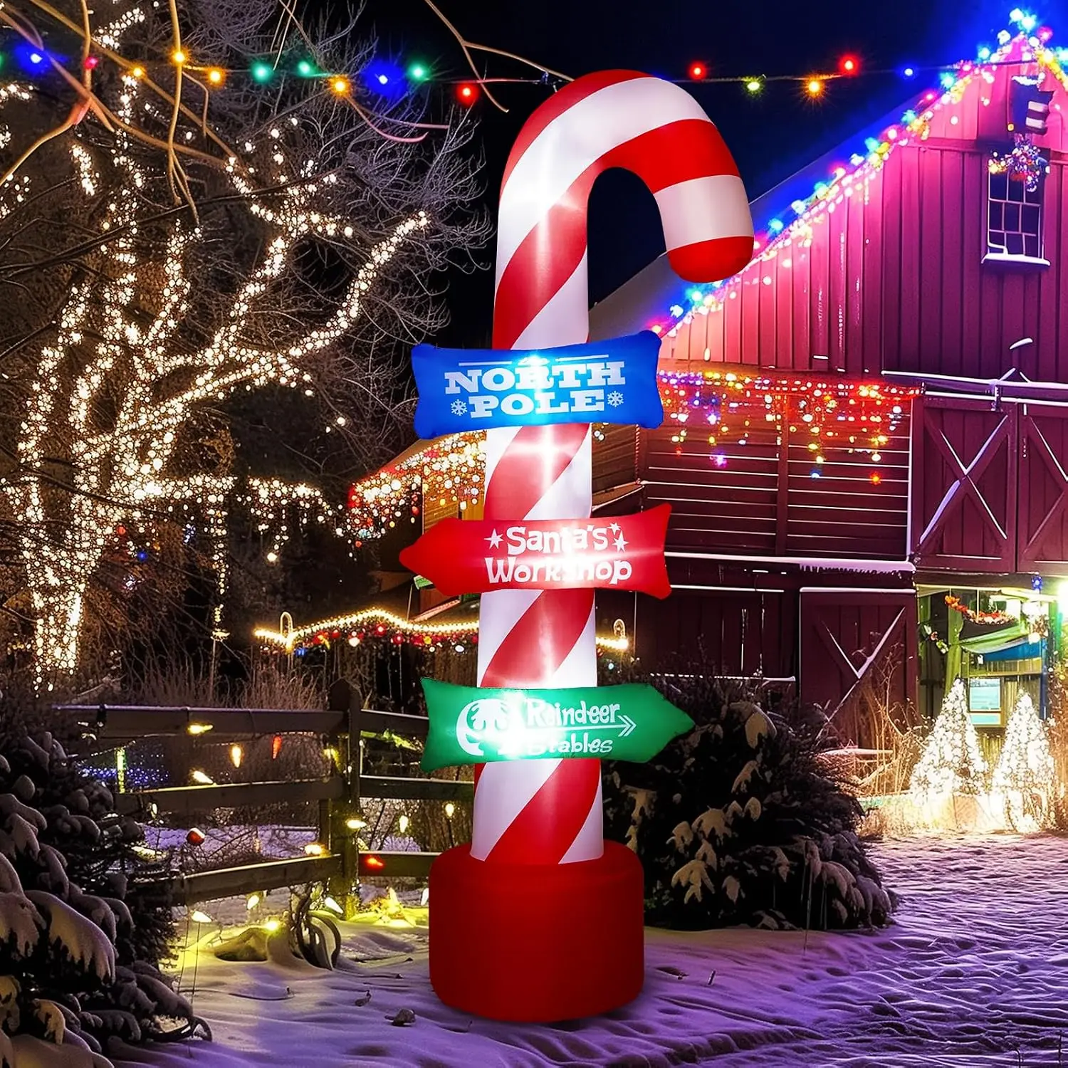 8ft Outdoor Christmas Candy Cane Inflatable Sign with LED Lights Xmas Yard Decor Garden Decor Festive Inflatables for Holiday