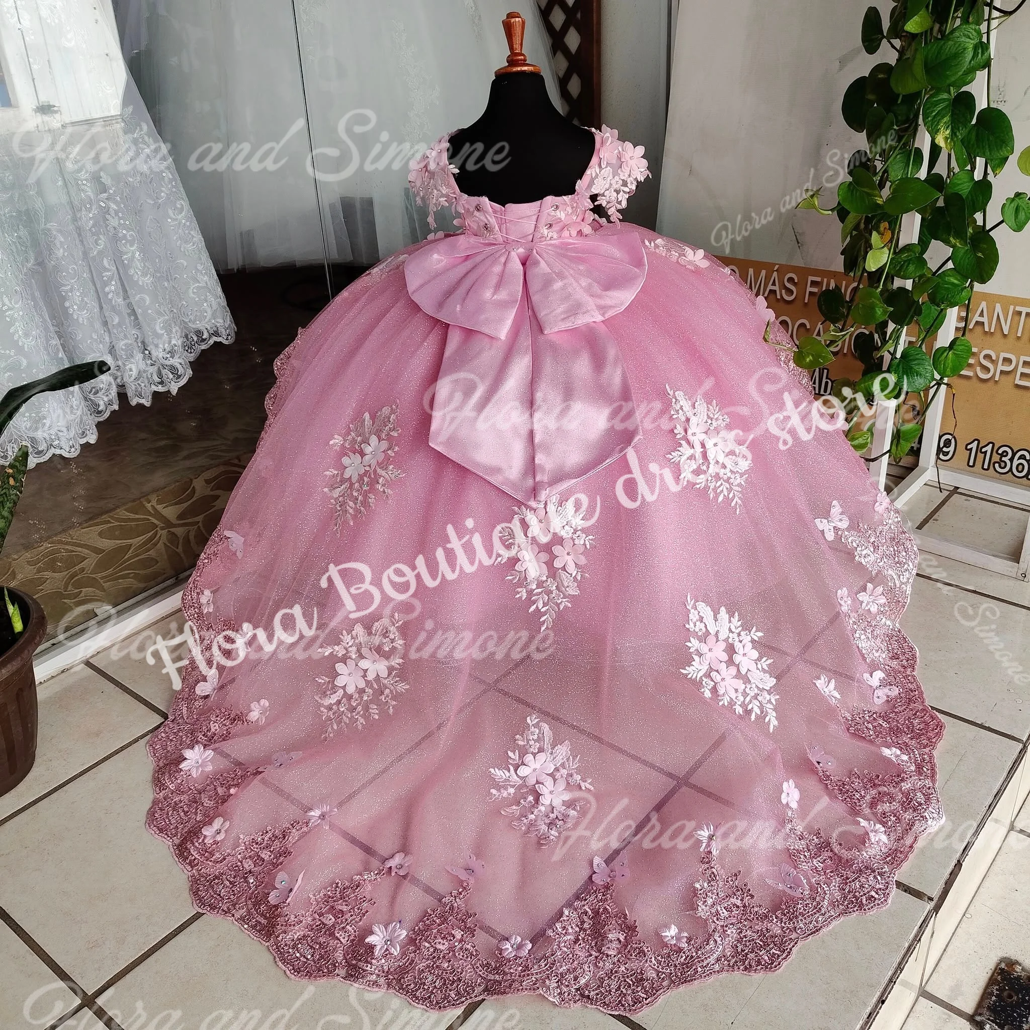 Розовое платье с цветочным узором для девочек по индивидуальному заказу на свадьбу, 3D аппликация, тюль, пышное платье с бантом, детские бальные платья для дня рождения, первого причастия
