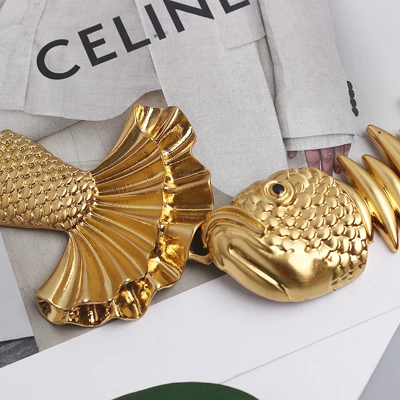 

Women's Fashion Gold Metal Fish Elastic Corset Female Cummerbund Coat Waistband Dress Decration Wide Belt