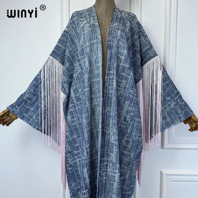 WINYI Jacquard denim cardigan tassel kimono maxi Dress elegant Party Holiday beach Cover Up abaya dubai luxury fashion dress