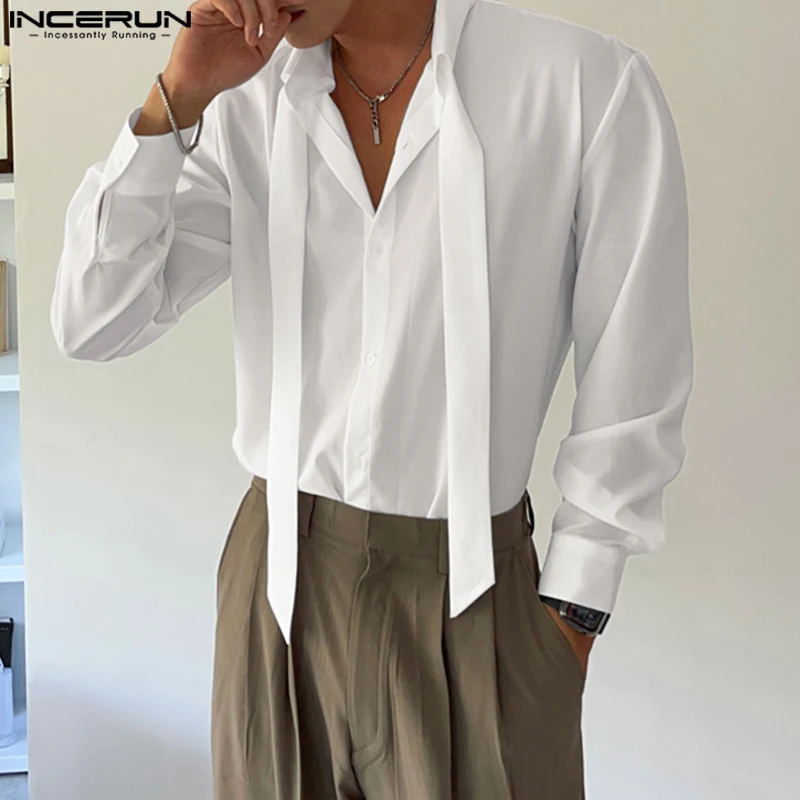 

INCERUN Men Shirts Turn Down Collar Long Sleeve Solid Color Office Blouse Button Down Strap Lace Up Korean Style Blusas