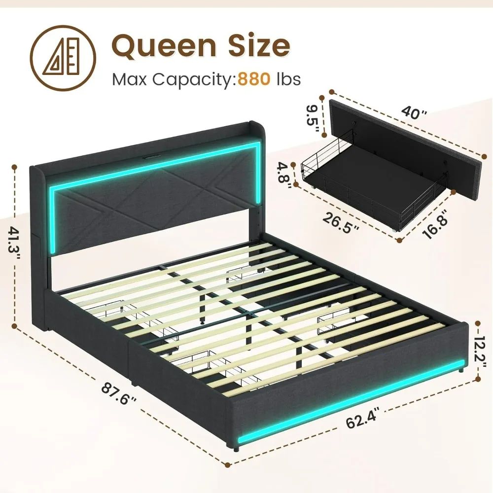 Queen-Size-Bettgestell, mit RGB-LED-Leuchten, Kopfteil und USB-C/A-Ladestation, modernes gepolstertes Plattformbett mit Schubladen