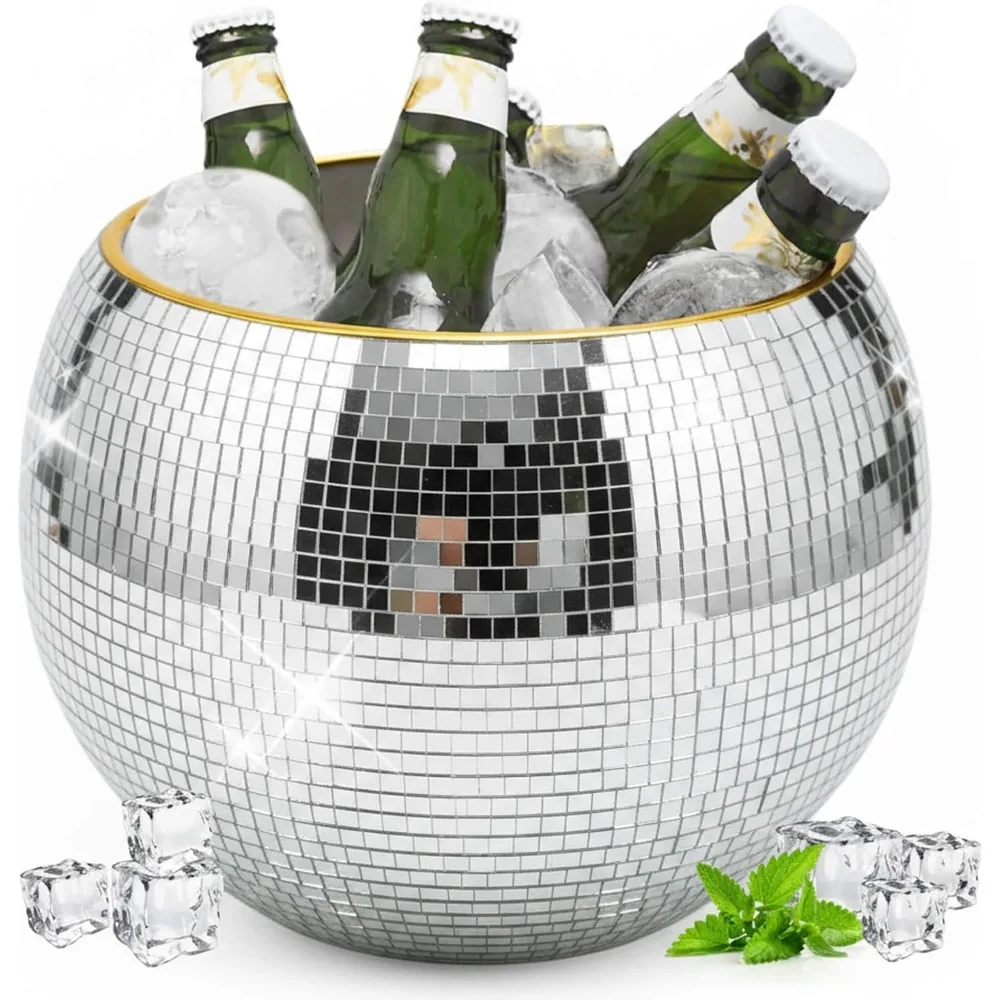 

9.8 Inch Disco Ball Ice Bucket Mirror Silver Cooler for Wine Beer Champagne Perfect Retro Party Accessory