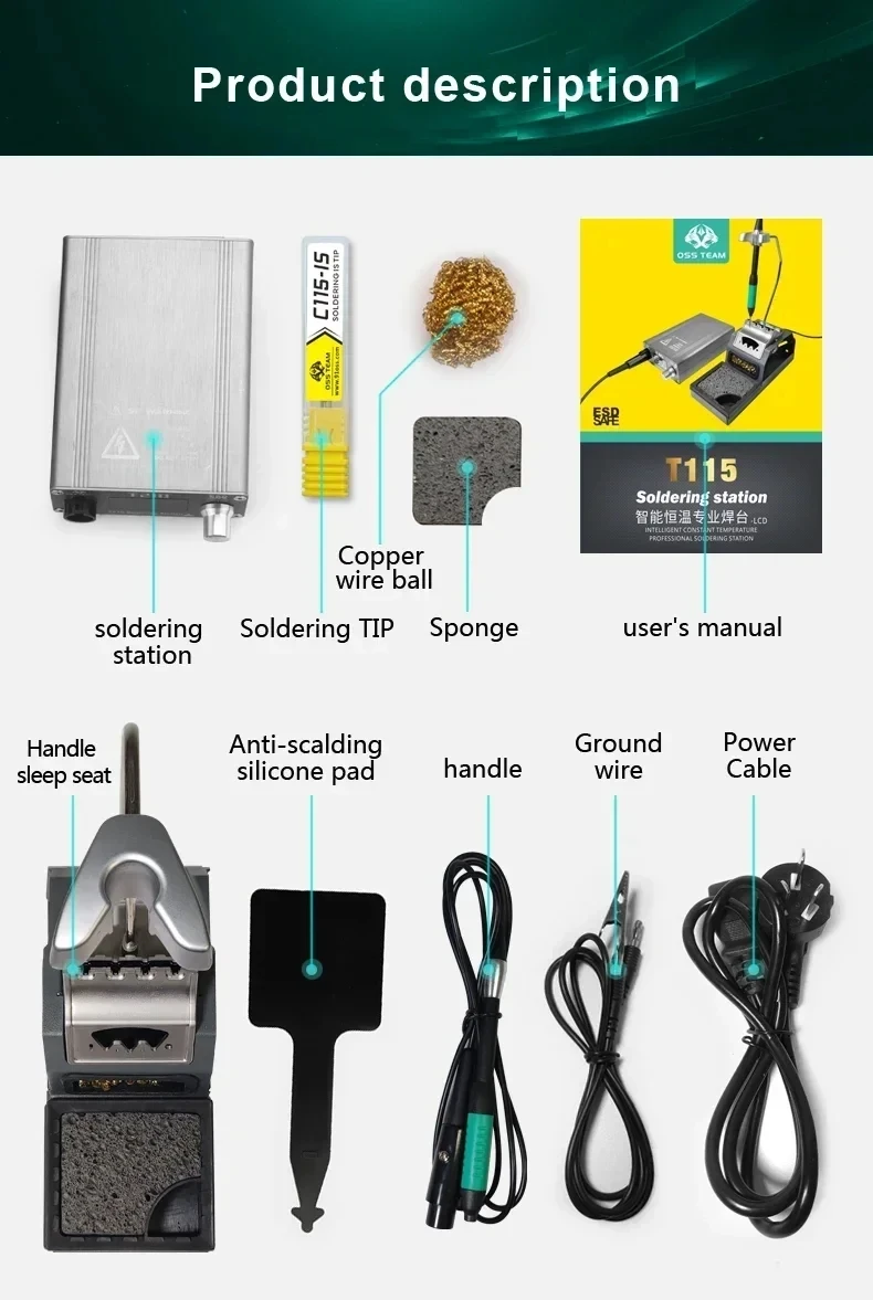 OSS T115 Micro Nano Electric Soldering Station, C115 Soldering Iron Tips, Fast Heating Welding for Motherboard Repair