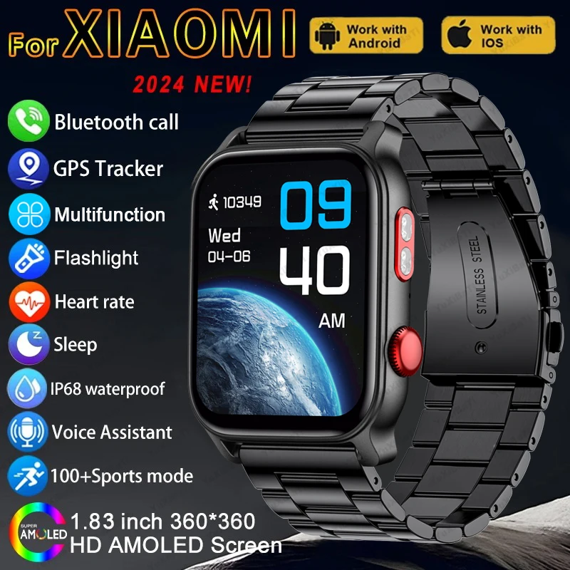 2024 For Xiaomi Outdoor Military Flashlight GPS Smart Watch Man AMOLED HD Screen Heart Rate BT Call 1ATM Waterproof Smartwatches