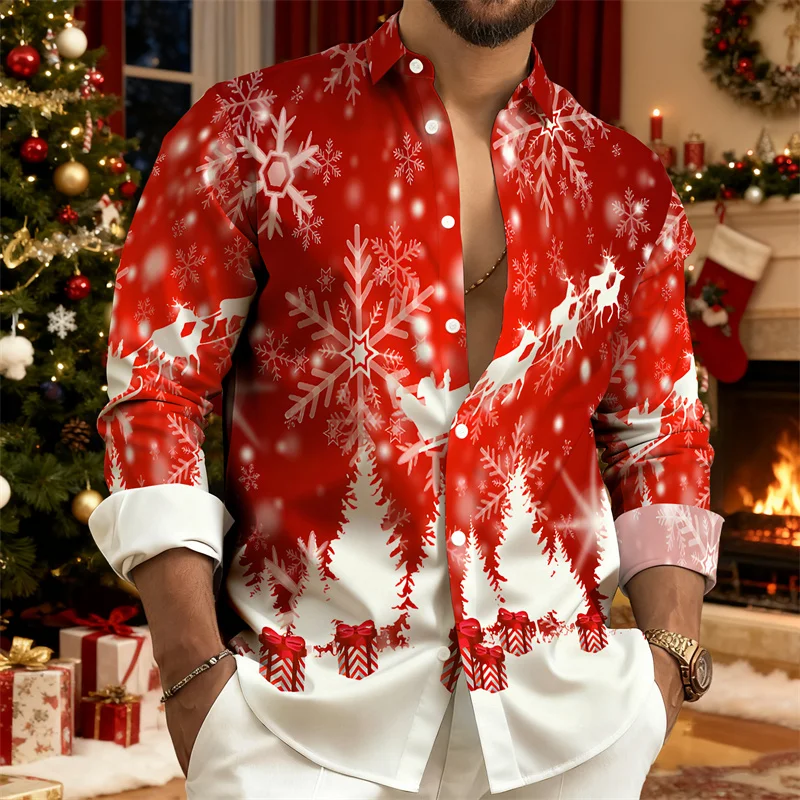 

2025 Christmas Men's Long-Sleeve Shirt with Snowflake and Reindeer Print, Red and White Gradient Festive Casual Top, Party Shirt