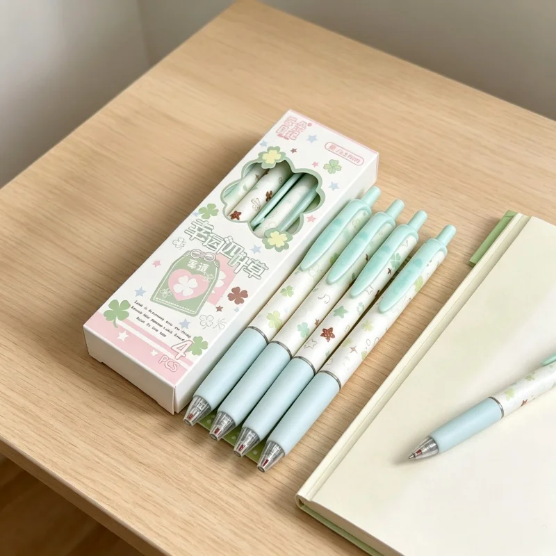 Lucky Four‑Leaf Clover Retractable Gel Pen 0.5mm Black ST Tip Ins Style 4Pcs Set Cute Gel Ink Pens For Student Exam Office Writi