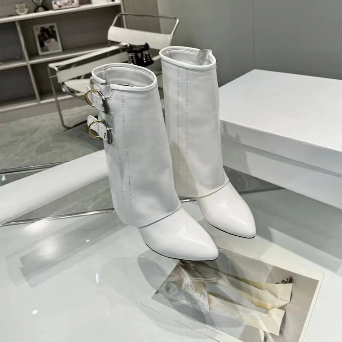 2026 High Quality Winter Women Pointed Toe Mid Boots Fold Cuff Double Buckle Party Heeled Boots ch24101513