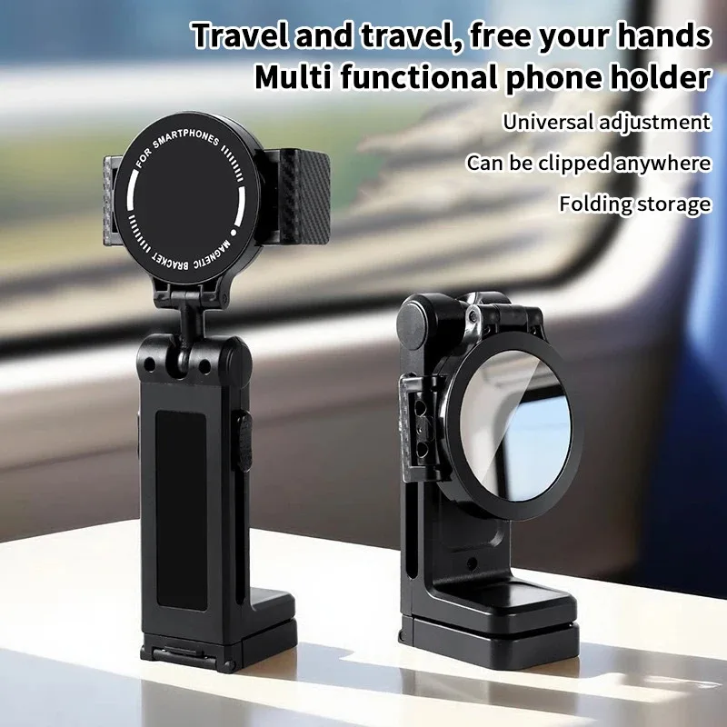 Multifunctional Magnetic Clip on Cell Phone Holder Adjustable Selfie Holding Airplane Phone Stand Foldable Travel Desk Support