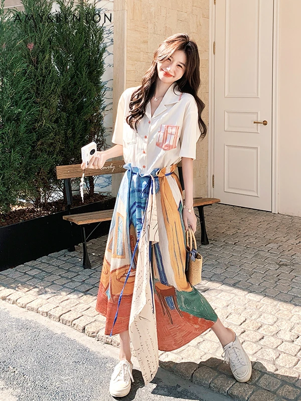 

Polo Collar Short-sleeved Printed Splicing Fake Two-piece Women's Skirt 2025 Summer New Thin Slim French Long Skirt
