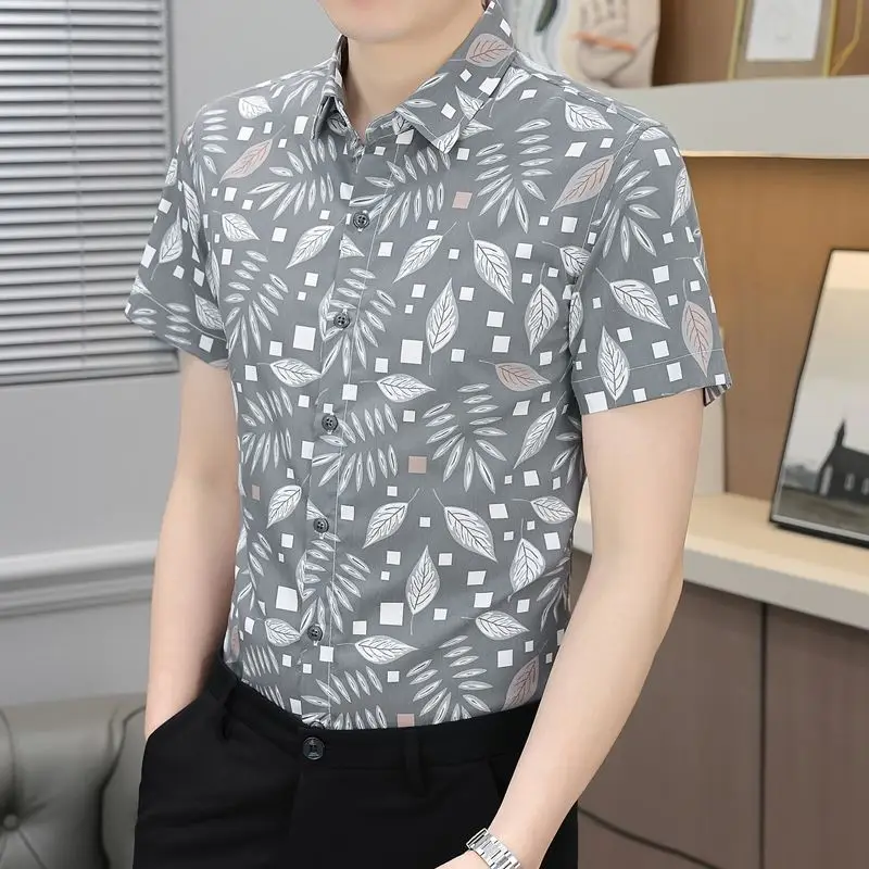 Minimalist Business Casual Square Neck Ice Silk Fabric Button Summer Men\'s Fashion Versatile Printed Short Sleeve POLO ShirtsTop