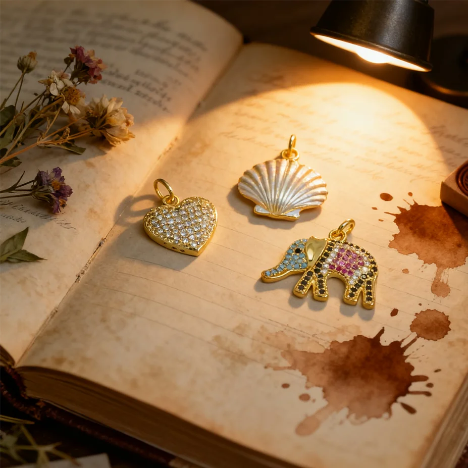 2 uds colgantes de latón Zirconia cúbica elefante Shell corazón dijes joyería DIY para Mujeres Hombres moda collar fabricación de pulseras