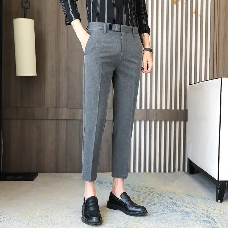 

Male Suit Trousers 9 Cropped Work Tressed Office Men's Summer Pants Straight Slim Fit Tailoring Business Formal Vintage JJ1201