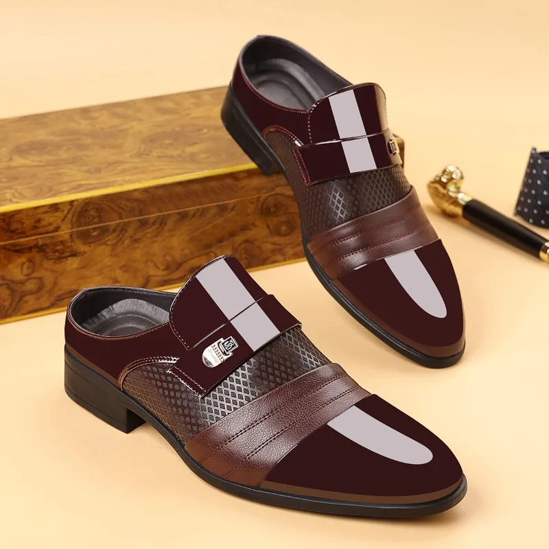 

Men Shoes Fashion Baotou Half Slippers High-end Business Dress Leather Shoe Pointe Half Slippers Brock Slipper Moccasins Loafers