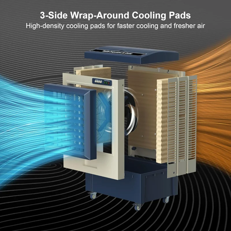 مبرد مستنقع 6500CFM، مبرد هواء تبخيري مع خزان مياه 19 جالون، تعبئة تلقائية مستمرة، 120 °   التذبذب، 3 سرعات، خارجي