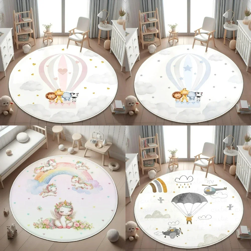 Cartoon Rainbow Unicorn Round Rug,Hot Air Balloon Wildlife Rug,Living Room Home Decor Sofa Rug Bedroom Bedside Rug Kids Play Mat