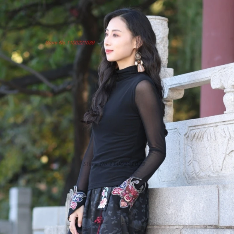 Camiseta tradicional china con bordado de flores nacionales, camisa folclórica de manga de malla, tops hanfu vintage, camisa base retro oriental, 2026